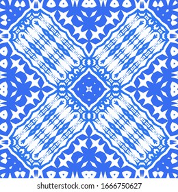 Ceramic tiles azulejo portugal. Vector seamless pattern template. Geometric design. Blue ethnic background for T-shirts, scrapbooking, linens, smartphone cases or bags.