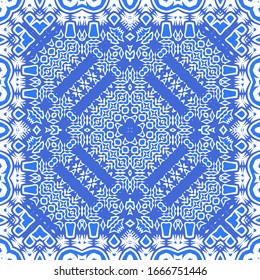 Ceramic tiles azulejo portugal. Vector seamless pattern template. Geometric design. Blue ethnic background for T-shirts, scrapbooking, linens, smartphone cases or bags.