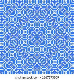 Ceramic tiles azulejo portugal. Vector seamless pattern template. Geometric design. Blue ethnic background for T-shirts, scrapbooking, linens, smartphone cases or bags.