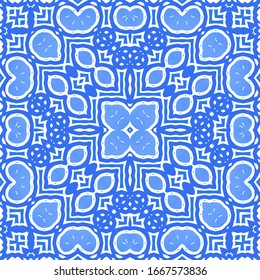 Baldosas cerámicas azulejo portugal. Plantilla de patrón transparente para vectores. Diseño geométrico. Antecedentes étnicos azules para pantalones en T, scrapbooking, ropa de cama, estuches para smartphones o bolsas.