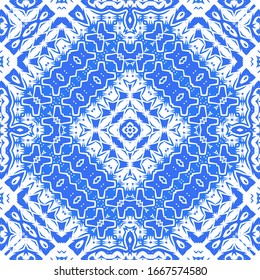 Ceramic tiles azulejo portugal. Vector seamless pattern template. Geometric design. Blue ethnic background for T-shirts, scrapbooking, linens, smartphone cases or bags.