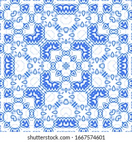 Ceramic tiles azulejo portugal. Vector seamless pattern template. Geometric design. Blue ethnic background for T-shirts, scrapbooking, linens, smartphone cases or bags.
