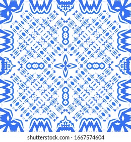 Ceramic tiles azulejo portugal. Vector seamless pattern template. Geometric design. Blue ethnic background for T-shirts, scrapbooking, linens, smartphone cases or bags.