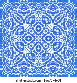Ceramic tiles azulejo portugal. Vector seamless pattern template. Geometric design. Blue ethnic background for T-shirts, scrapbooking, linens, smartphone cases or bags.