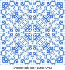 Ceramic tiles azulejo portugal. Vector seamless pattern template. Geometric design. Blue ethnic background for T-shirts, scrapbooking, linens, smartphone cases or bags.