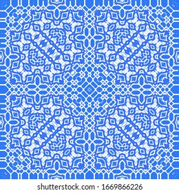 Ceramic tiles azulejo portugal. Vector seamless pattern template. Geometric design. Blue ethnic background for T-shirts, scrapbooking, linens, smartphone cases or bags.