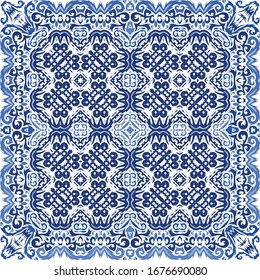 Ceramic tiles azulejo portugal. Vector seamless pattern collage. Modern design. Blue ethnic background for T-shirts, scrapbooking, linens, smartphone cases or bags.