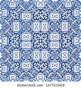 Ceramic tiles azulejo portugal. Vector seamless pattern concept. Universal design. Blue ethnic background for T-shirts, scrapbooking, linens, smartphone cases or bags.