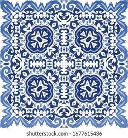 Ceramic tiles azulejo portugal. Vector seamless pattern flyer. Minimal design. Blue ethnic background for T-shirts, scrapbooking, linens, smartphone cases or bags.
