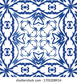 Ceramic tiles azulejo portugal. Vector seamless pattern illustration. Original design. Blue ethnic background for T-shirts, scrapbooking, linens, smartphone cases or bags.