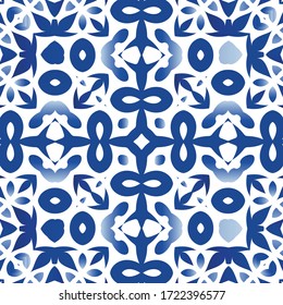 Ceramic tiles azulejo portugal. Vector seamless pattern watercolor. Colored design. Blue ethnic background for T-shirts, scrapbooking, linens, smartphone cases or bags.
