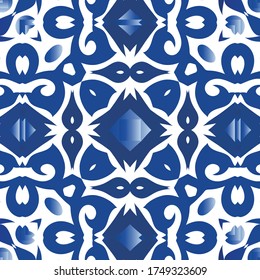 Ceramic tiles azulejo portugal. Vector seamless pattern collage. Graphic design. Blue ethnic background for T-shirts, scrapbooking, linens, smartphone cases or bags.