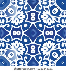 Baldosas de cerámica azulejo portugal. acuarela de patrón sin fisuras vectorial. Diseño dibujado a mano. Antecedentes étnicos azules para camisetas, scrapbooking, ropa de cama, estuches o bolsos para smartphones.