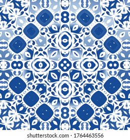 Ceramic tiles azulejo portugal. Vector seamless pattern arabesque. Stylish design. Blue ethnic background for T-shirts, scrapbooking, linens, smartphone cases or bags.