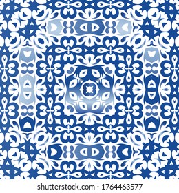 Baldosas de cerámica azulejo portugal. Afiche de patrones sin fisuras del vector. Diseño mínimo. Antecedentes étnicos azules para camisetas, scrapbooking, ropa de cama, estuches o bolsos para smartphones.