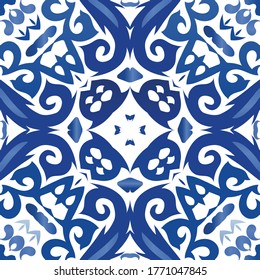 Ceramic tiles azulejo portugal. Vector seamless pattern flyer. Fashionable design. Blue ethnic background for T-shirts, scrapbooking, linens, smartphone cases or bags.