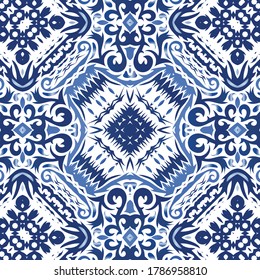 Ceramic tiles azulejo portugal. Vector seamless pattern template. Modern design. Blue ethnic background for T-shirts, scrapbooking, linens, smartphone cases or bags.
