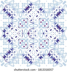 Ceramic tiles azulejo portugal. Vector seamless pattern watercolor. Creative design. Blue ethnic background for T-shirts, scrapbooking, linens, smartphone cases or bags.