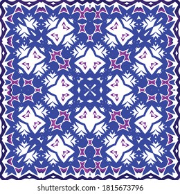 Ceramic tiles azulejo portugal. Vector seamless pattern poster. Original design. Blue ethnic background for T-shirts, scrapbooking, linens, smartphone cases or bags.