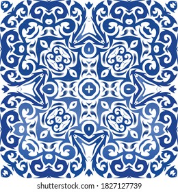 Ceramic tiles azulejo portugal. Vector seamless pattern arabesque. Universal design. Blue ethnic background for T-shirts, scrapbooking, linens, smartphone cases or bags.