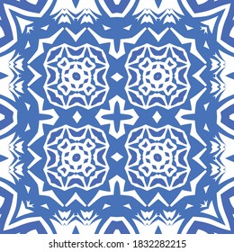 Ceramic tiles azulejo portugal. Vector seamless pattern template. Geometric design. Blue ethnic background for T-shirts, scrapbooking, linens, smartphone cases or bags.