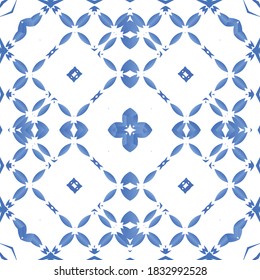 Ceramic tiles azulejo portugal. Vector seamless pattern template. Colored design. Blue ethnic background for T-shirts, scrapbooking, linens, smartphone cases or bags.