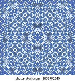 Ceramic tiles azulejo portugal. Vector seamless pattern template. Geometric design. Blue ethnic background for T-shirts, scrapbooking, linens, smartphone cases or bags.