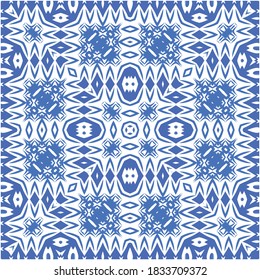 Ceramic tiles azulejo portugal. Vector seamless pattern template. Geometric design. Blue ethnic background for T-shirts, scrapbooking, linens, smartphone cases or bags.