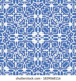 Ceramic tiles azulejo portugal. Vector seamless pattern template. Geometric design. Blue ethnic background for T-shirts, scrapbooking, linens, smartphone cases or bags.