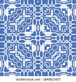 Ceramic tiles azulejo portugal. Vector seamless pattern template. Geometric design. Blue ethnic background for T-shirts, scrapbooking, linens, smartphone cases or bags.