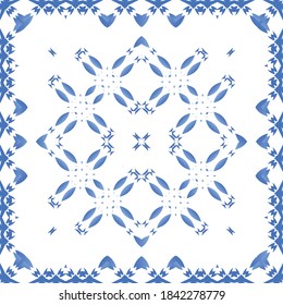 Ceramic tiles azulejo portugal. Vector seamless pattern template. Colored design. Blue ethnic background for T-shirts, scrapbooking, linens, smartphone cases or bags.