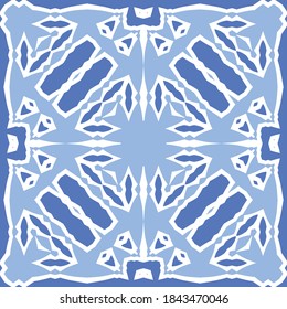 Ceramic tiles azulejo portugal. Vector seamless pattern template. Geometric design. Blue ethnic background for T-shirts, scrapbooking, linens, smartphone cases or bags.