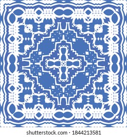 Ceramic tiles azulejo portugal. Vector seamless pattern template. Geometric design. Blue ethnic background for T-shirts, scrapbooking, linens, smartphone cases or bags.