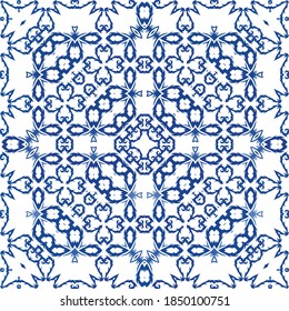 Ceramic tiles azulejo portugal. Vector seamless pattern watercolor. Creative design. Blue ethnic background for T-shirts, scrapbooking, linens, smartphone cases or bags.