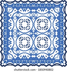 Ceramic tiles azulejo portugal. Vector seamless pattern poster. Original design. Blue ethnic background for T-shirts, scrapbooking, linens, smartphone cases or bags.