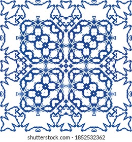 Ceramic tiles azulejo portugal. Vector seamless pattern watercolor. Creative design. Blue ethnic background for T-shirts, scrapbooking, linens, smartphone cases or bags.