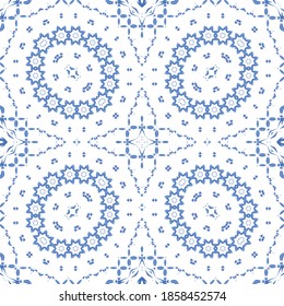 Ceramic tiles azulejo portugal. Vector seamless pattern template. Colored design. Blue ethnic background for T-shirts, scrapbooking, linens, smartphone cases or bags.