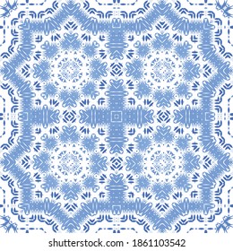 Ceramic tiles azulejo portugal. Vector seamless pattern template. Colored design. Blue ethnic background for T-shirts, scrapbooking, linens, smartphone cases or bags.