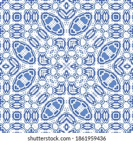 Ceramic tiles azulejo portugal. Vector seamless pattern template. Geometric design. Blue ethnic background for T-shirts, scrapbooking, linens, smartphone cases or bags.
