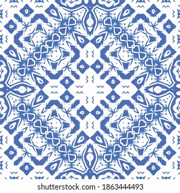 Ceramic tiles azulejo portugal. Vector seamless pattern template. Geometric design. Blue ethnic background for T-shirts, scrapbooking, linens, smartphone cases or bags.