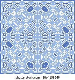 Ceramic tiles azulejo portugal. Vector seamless pattern template. Geometric design. Blue ethnic background for T-shirts, scrapbooking, linens, smartphone cases or bags.