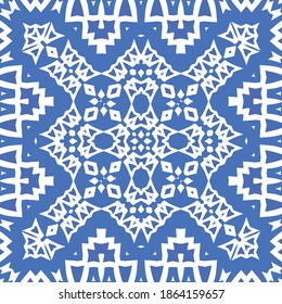 Ceramic tiles azulejo portugal. Vector seamless pattern template. Geometric design. Blue ethnic background for T-shirts, scrapbooking, linens, smartphone cases or bags.