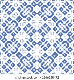 Ceramic tiles azulejo portugal. Vector seamless pattern template. Geometric design. Blue ethnic background for T-shirts, scrapbooking, linens, smartphone cases or bags.