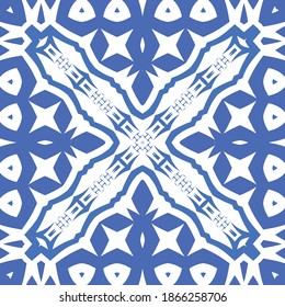 Ceramic tiles azulejo portugal. Vector seamless pattern template. Geometric design. Blue ethnic background for T-shirts, scrapbooking, linens, smartphone cases or bags.