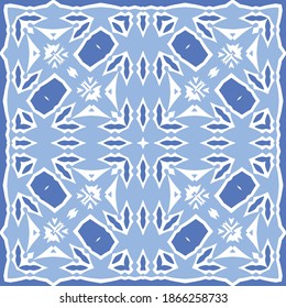 Ceramic tiles azulejo portugal. Vector seamless pattern template. Geometric design. Blue ethnic background for T-shirts, scrapbooking, linens, smartphone cases or bags.