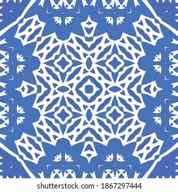 Ceramic tiles azulejo portugal. Vector seamless pattern template. Geometric design. Blue ethnic background for T-shirts, scrapbooking, linens, smartphone cases or bags.