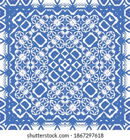 Ceramic tiles azulejo portugal. Vector seamless pattern template. Geometric design. Blue ethnic background for T-shirts, scrapbooking, linens, smartphone cases or bags.