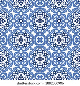 Ceramic tiles azulejo portugal. Vector seamless pattern trellis. Fashionable design. Blue ethnic background for T-shirts, scrapbooking, linens, smartphone cases or bags.