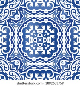 Ceramic tiles azulejo portugal. Vector seamless pattern trellis. Hand drawn design. Blue ethnic background for T-shirts, scrapbooking, linens, smartphone cases or bags.