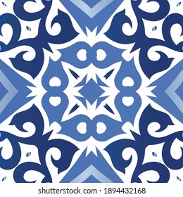 Ceramic tiles azulejo portugal. Vector seamless pattern flyer. Bathroom design. Blue ethnic background for T-shirts, scrapbooking, linens, smartphone cases or bags.